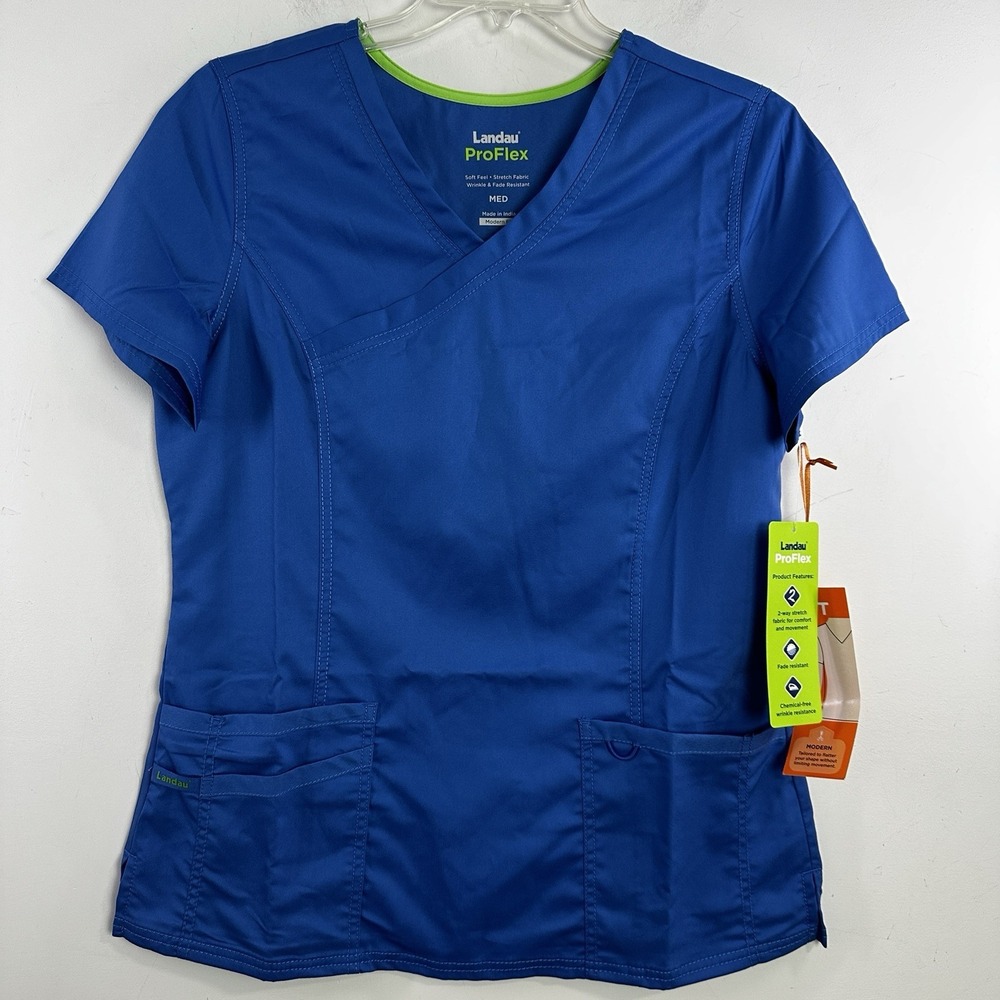 Landau Pro Flex Womens Scrub Top Medium Blue Modern Fit Pockets New
